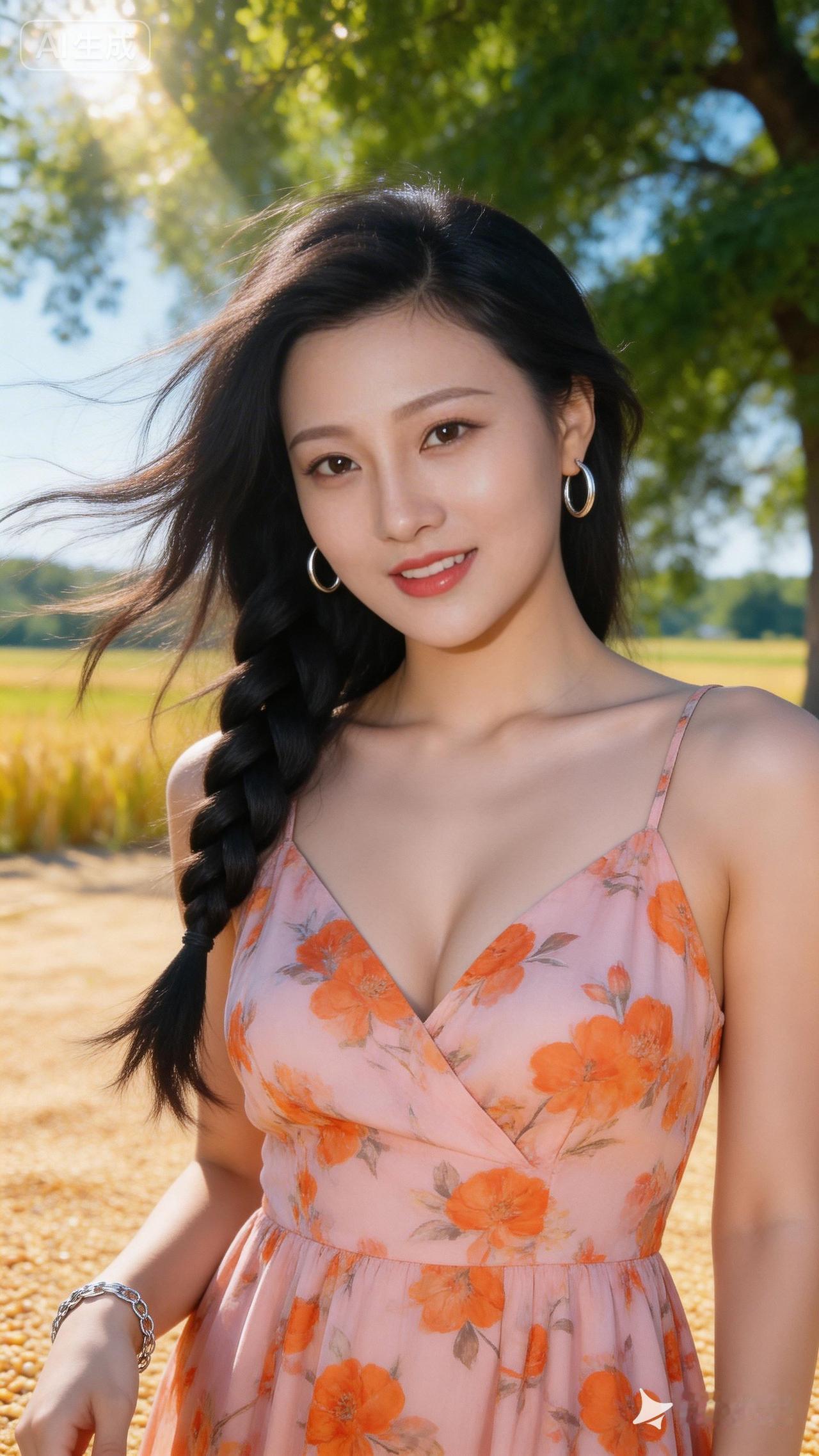 夏日清新少女风，粉色花裙与自然相映成趣