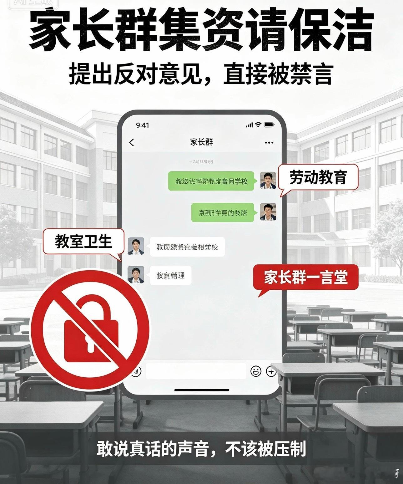 教体局介入家长群提议集资请保洁家长群集资请保洁，反对的家长被禁言。教室卫生本该是