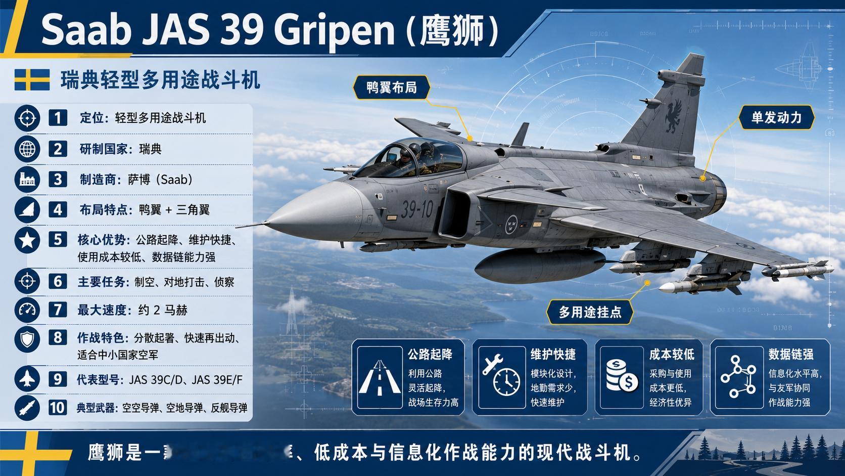 Saab JAS 39 Gripen（鹰狮/狮鹫） 是瑞典萨博公司研制的单发轻型