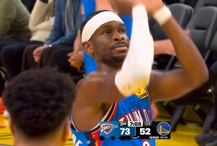 雷霆￼客战勇士￼第三节，亚历山大￼用罚球拿下本场个人第20分。这也是他连续第10