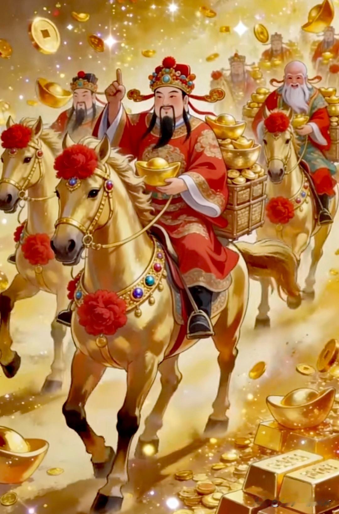 财神策马携金至，
鸿运乘风纳福来。