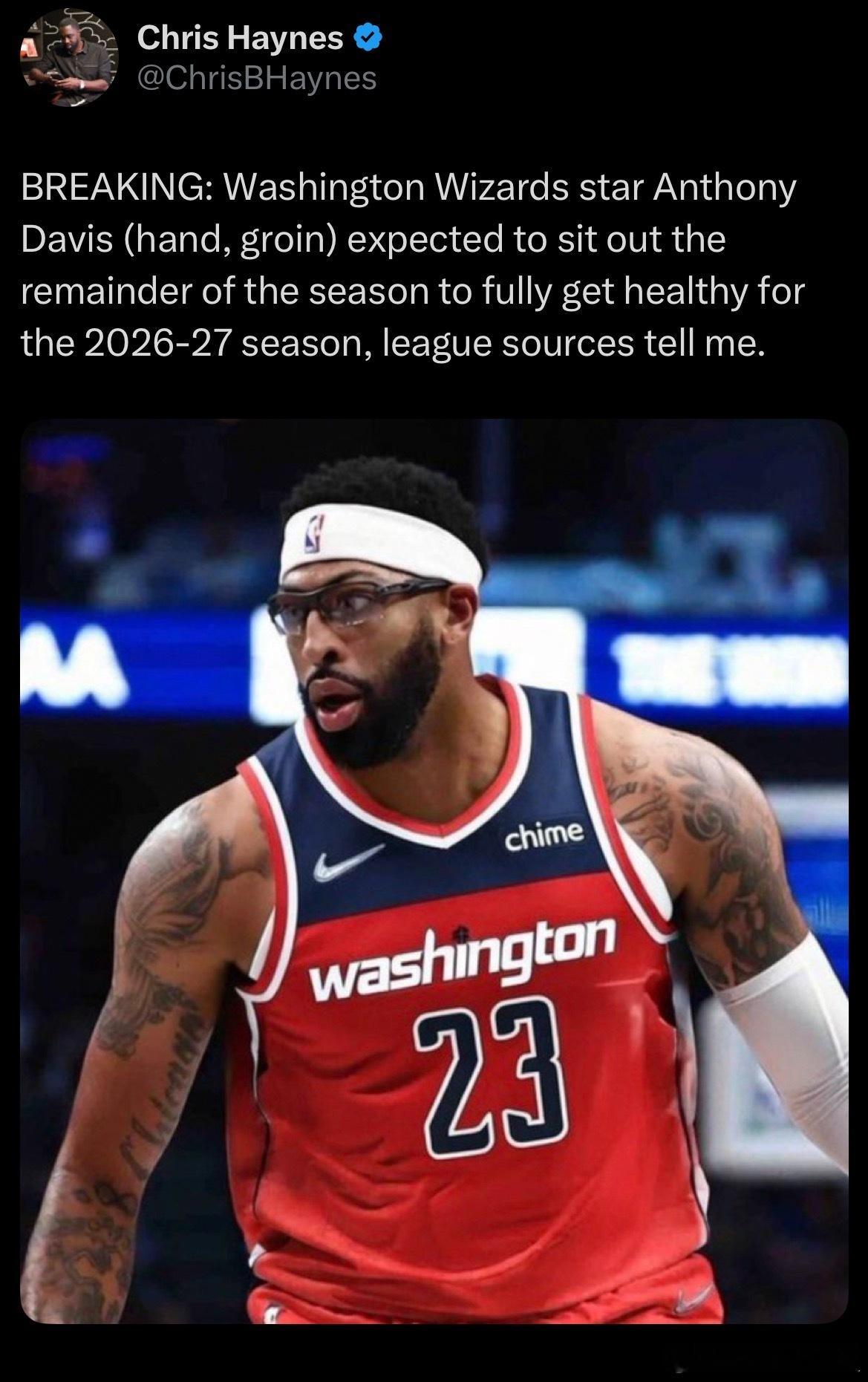 Haynes：戴维斯因手部、腹股沟伤势将缺席赛季剩余所有比赛！ 