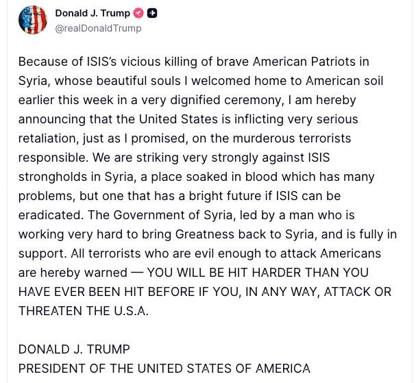 新闻快讯——特朗普总统表示：“鉴于‘伊斯兰国’（ISIS）在叙利亚残忍杀害英勇的