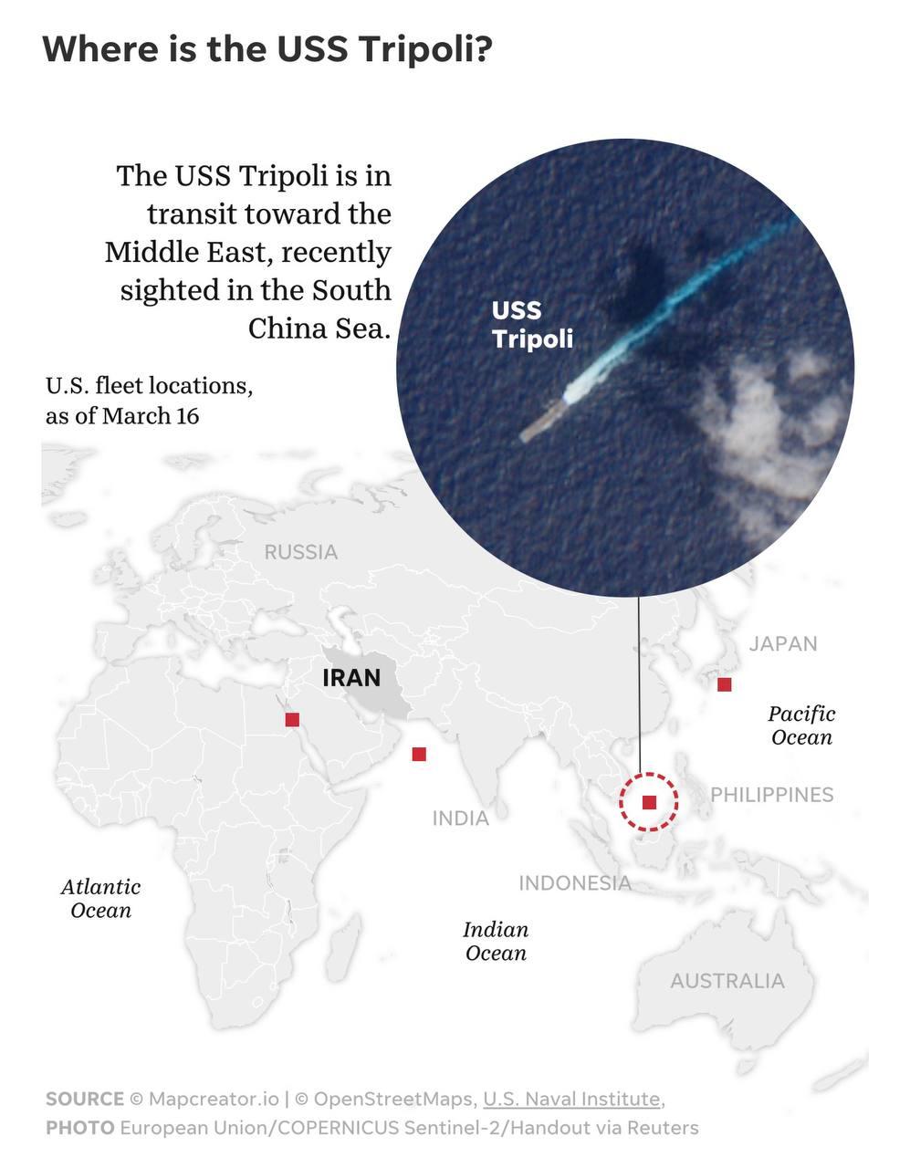 卫星影像捕捉到，美军两栖攻击舰的黎波里号正穿越南海，向中东方向高速机动，舰尾拖曳