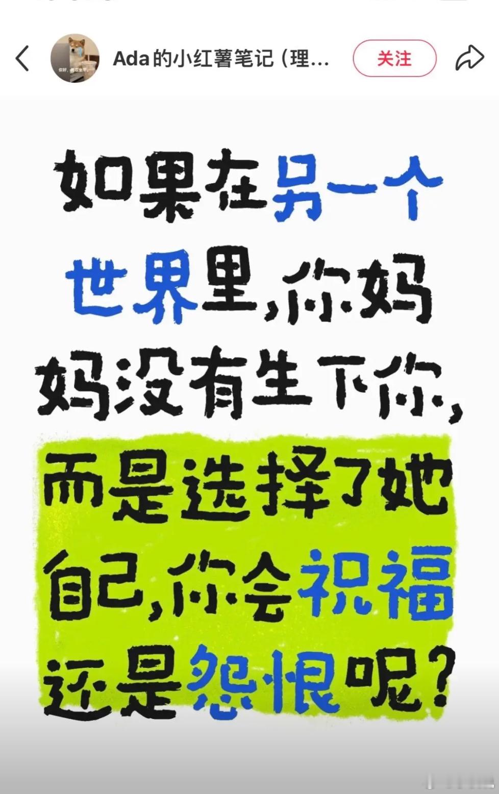 “如果在另一个世界里，你妈妈没有生下你，而是选择她自己，你会祝福还是怨恨？”，2