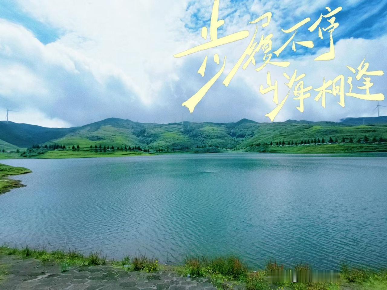 “阿勒泰” 。
远山相连风车转动，把夏天过成一首清凉的诗。云雾漫过山巅，牛羊漫步