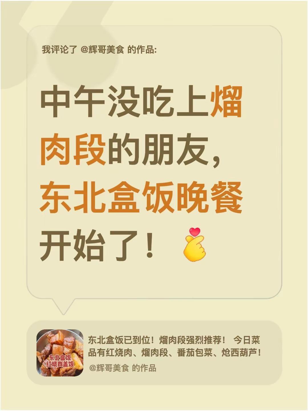 我评论了@辉哥美食 的作品：中午没吃上熘肉段的朋友，东北盒饭晚餐开始了！