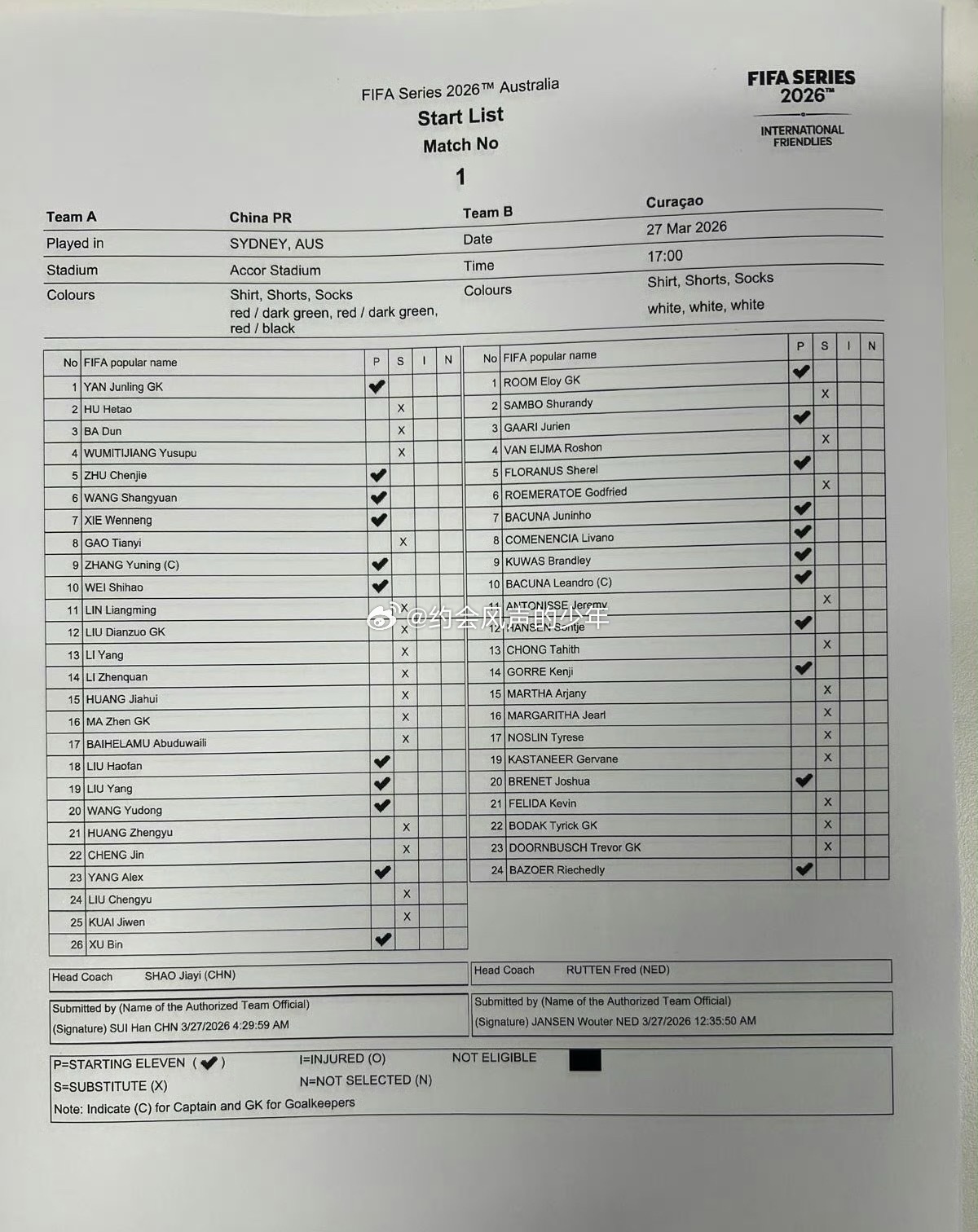 国足vs库拉索首发 ｜国足vs库拉索 国足首发名单：1-颜骏凌19-刘洋、18-