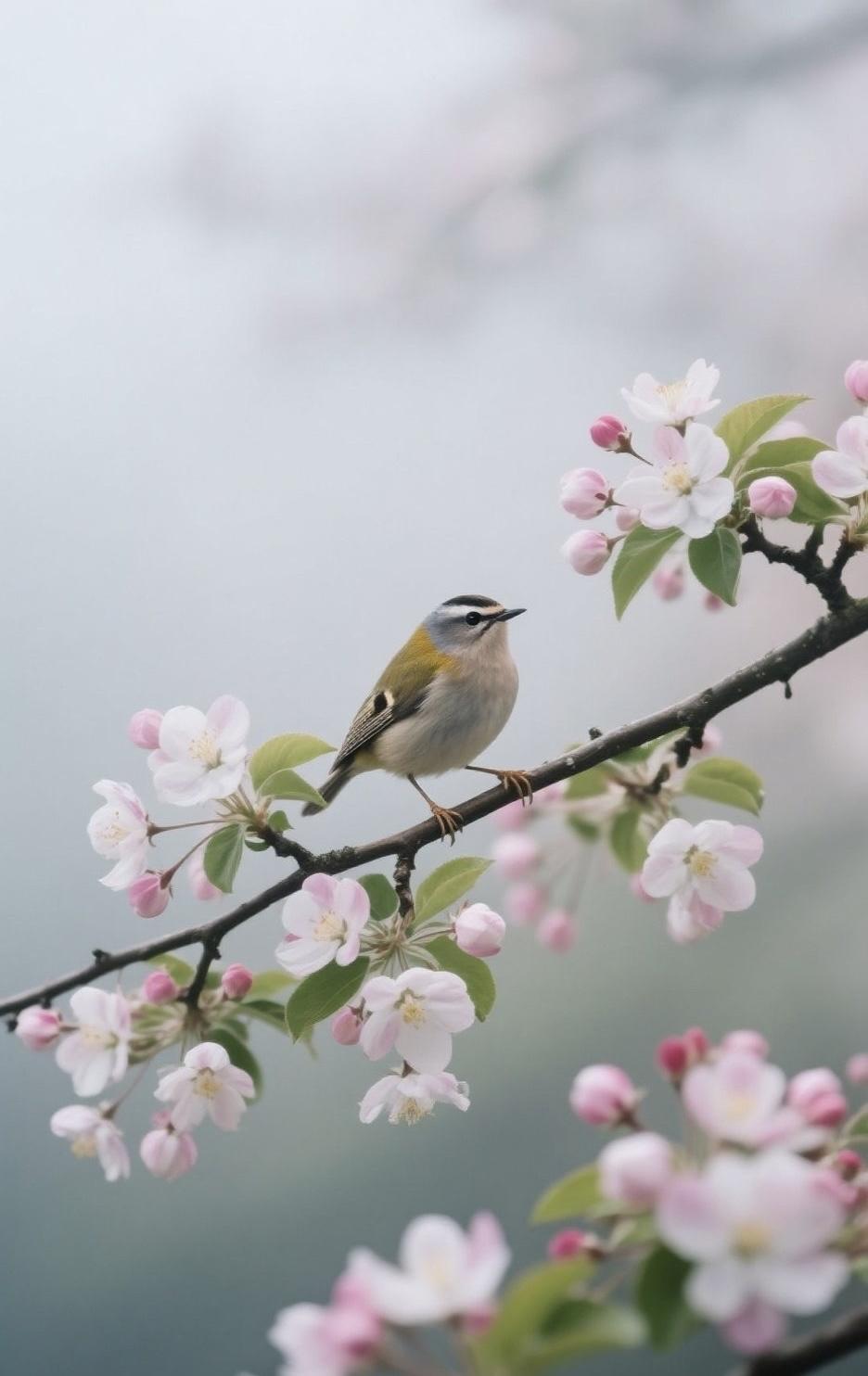 精美壁纸（696）🌈
📝近景里，一枝海棠斜斜垂落，粉白花瓣层层叠叠，带着淡淡