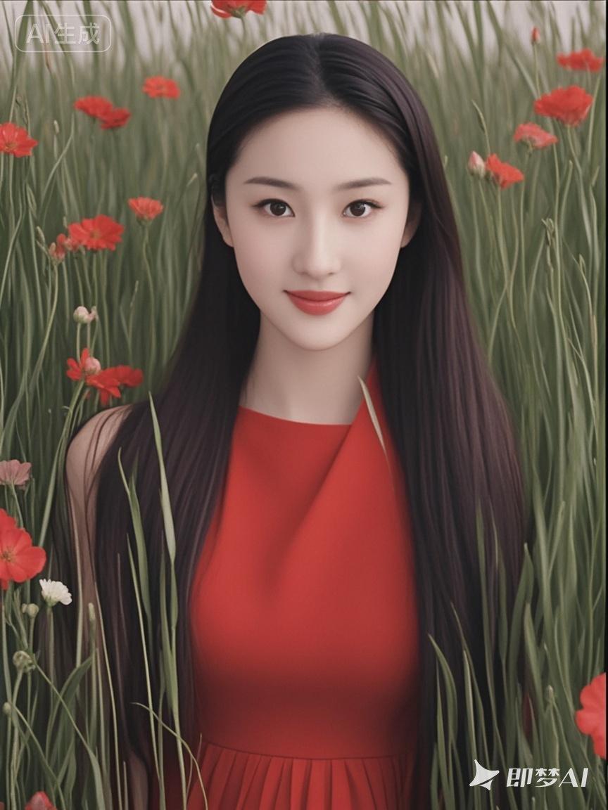 在花海中绽放，红裙少女与自然融为一体。