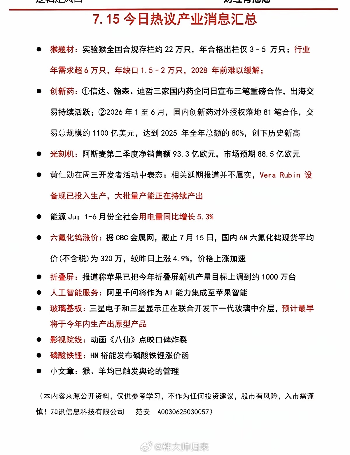7.15周三  晚间：财经热点信息参考！1.大模型2.算力硬件3.实验猴4.医药