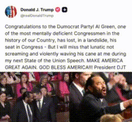 特朗普又开喷了啊！
美国德州民主党老将阿尔·格林——就是那个在国情咨文上跳起来骂