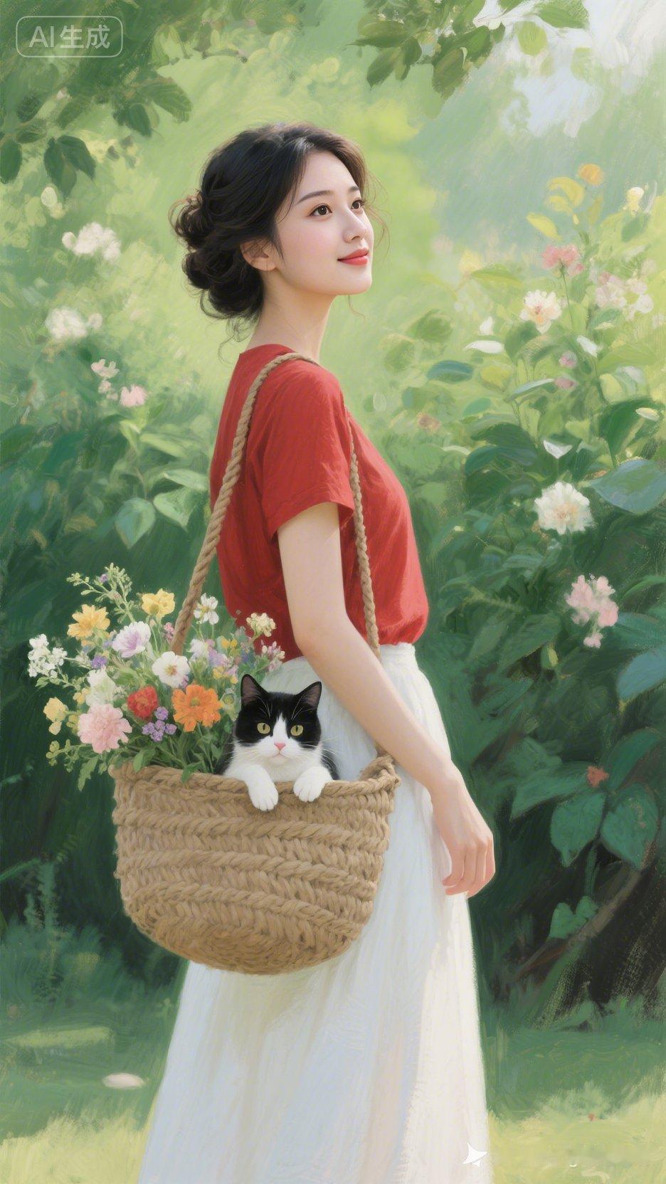 “田园风穿搭指南：红衣少女与黑猫相伴”🌸🐱👗