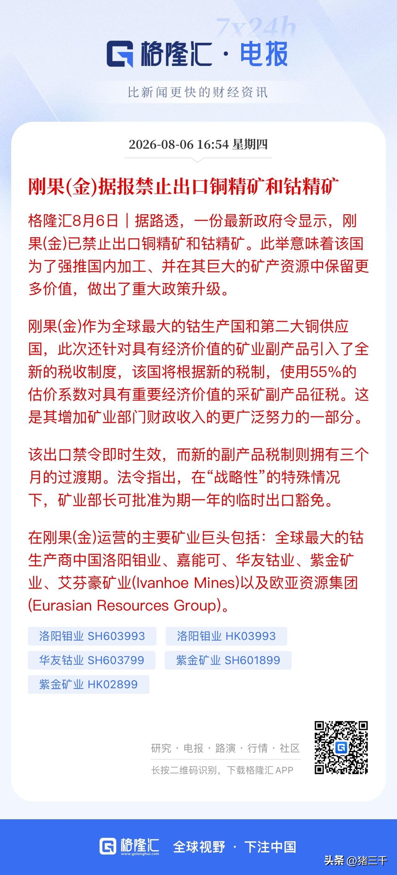 刚果金一条道走到黑！
刚果金禁止出口铜精矿、钴精矿，
同时采取对采矿副产品征税新