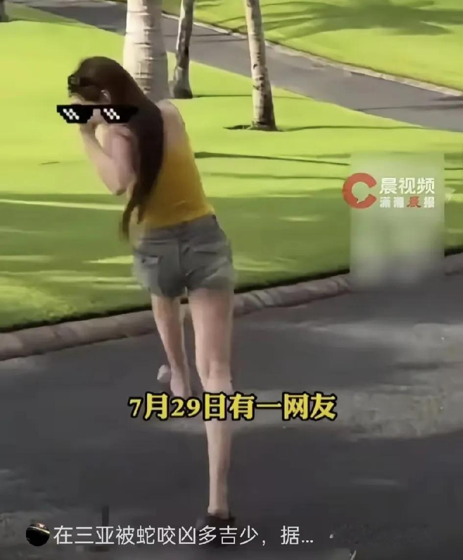 三亚，看了这位女子差点被蛇咬了，好在路人心善大声提醒，好在她自己也机灵跳开。，更