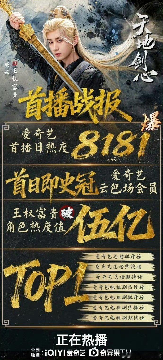成毅天地剑心首播战报一剑惊世，战报辉煌！距离开播整整24小时，成毅饰演王权富贵携