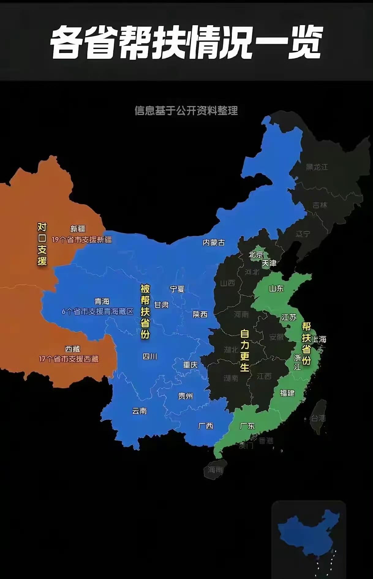 这张全国对口帮扶地图，把我们国家区域互助格局直观展现出来。
 
东部沿海经济发达