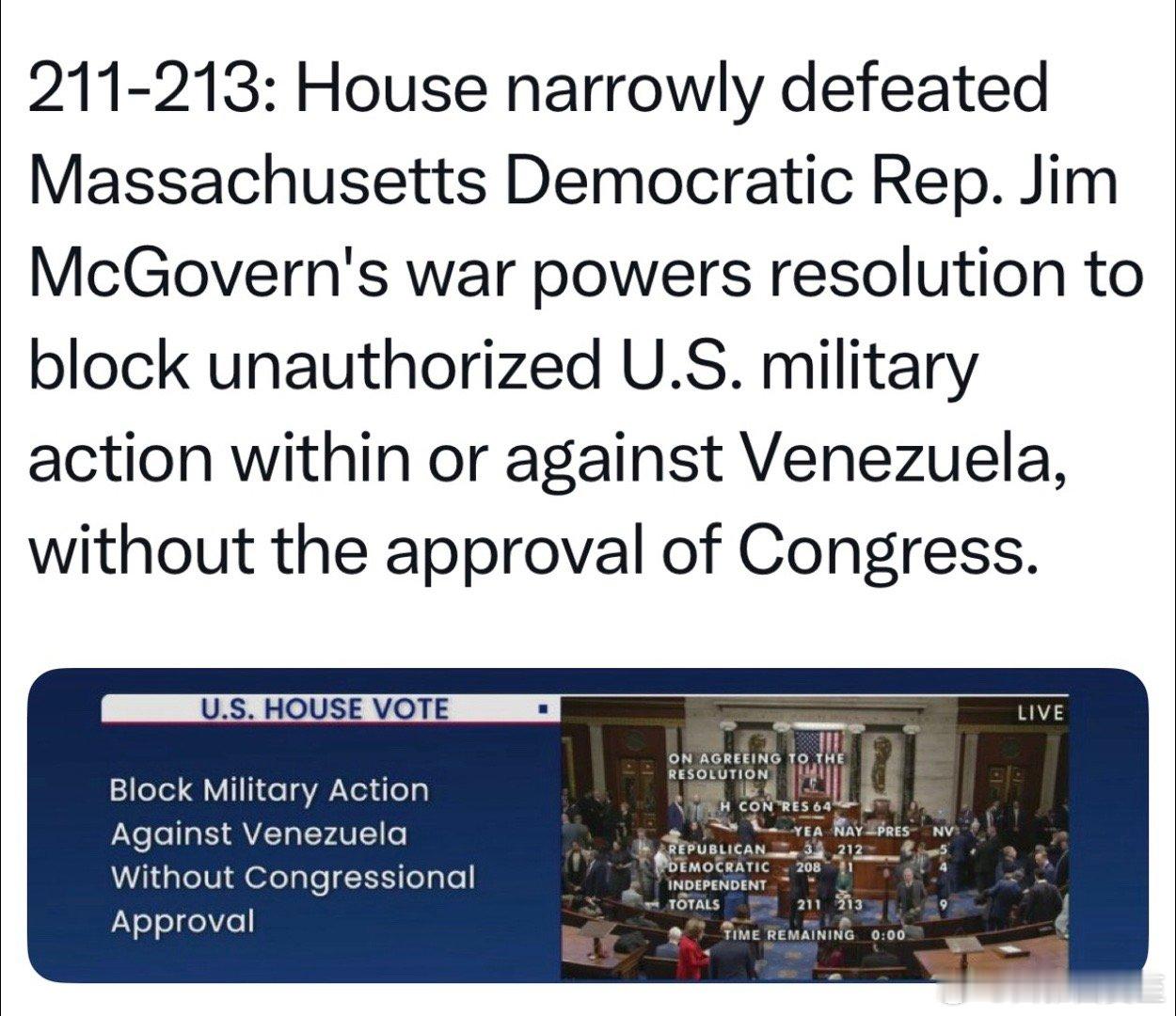 民主党提出议案，禁止“未经授权的对委🇻🇪军事行动”众议院211-213未通过