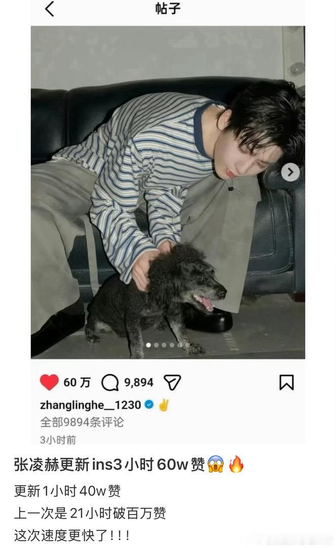 张凌赫最新ins动态3小时破60万，0d海外人气真不错 