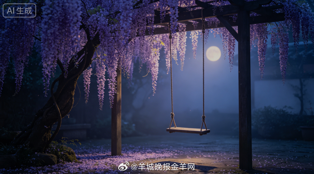 #晚安# 朦胧月光垂落在庭院紫藤架下的秋千，晚风轻拂藤蔓，落下细碎花影。静静坐在