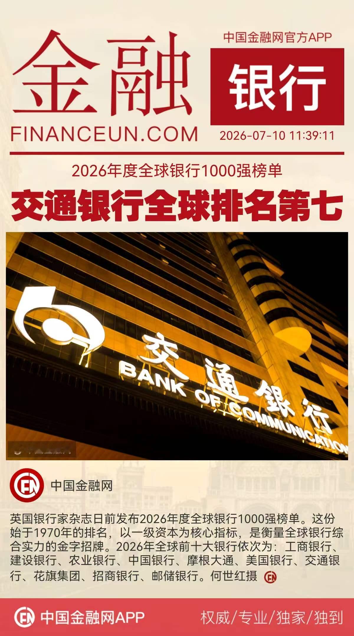 2026年度全球银行1000强榜单
交通银行全球排名第七
英国银行家杂志日前发布