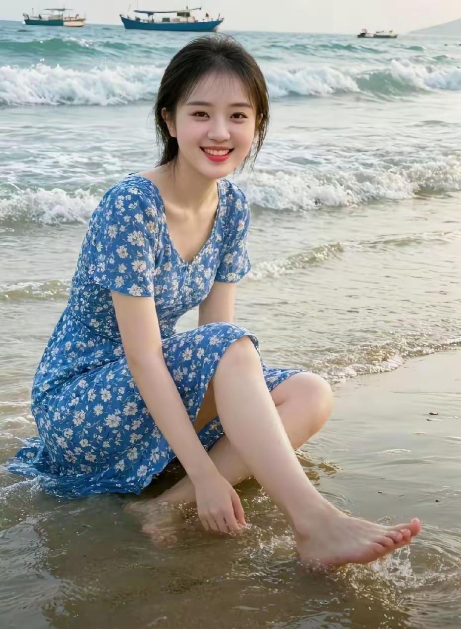 一笑多坦然，
赤足坐海边。
谁家千金女，
靓丽赛天仙。