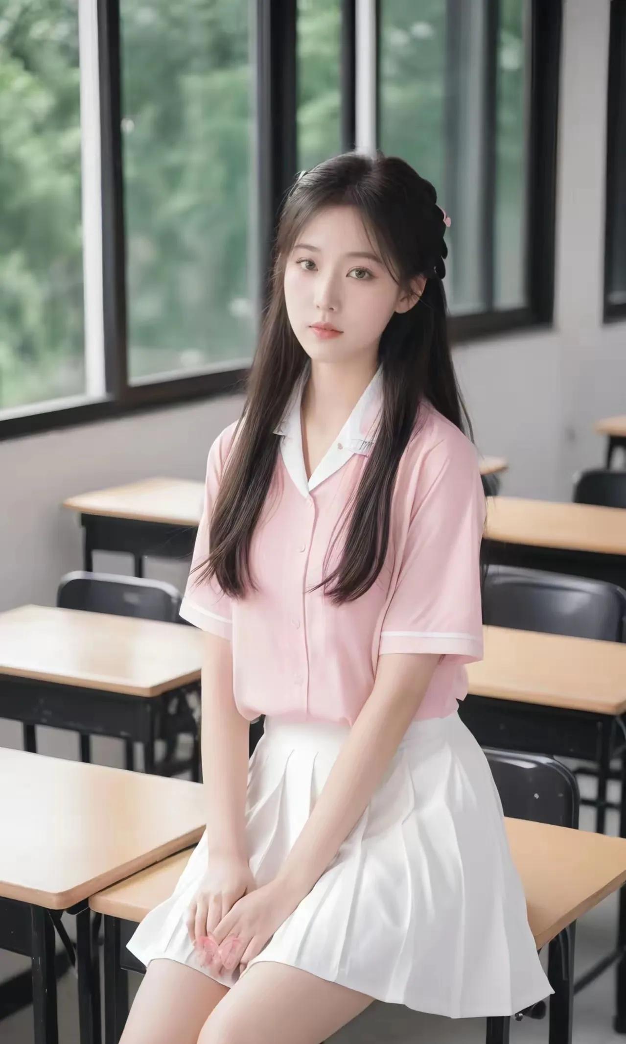 校园甜心少女，粉白配色，青春气息十足！💕📚✨