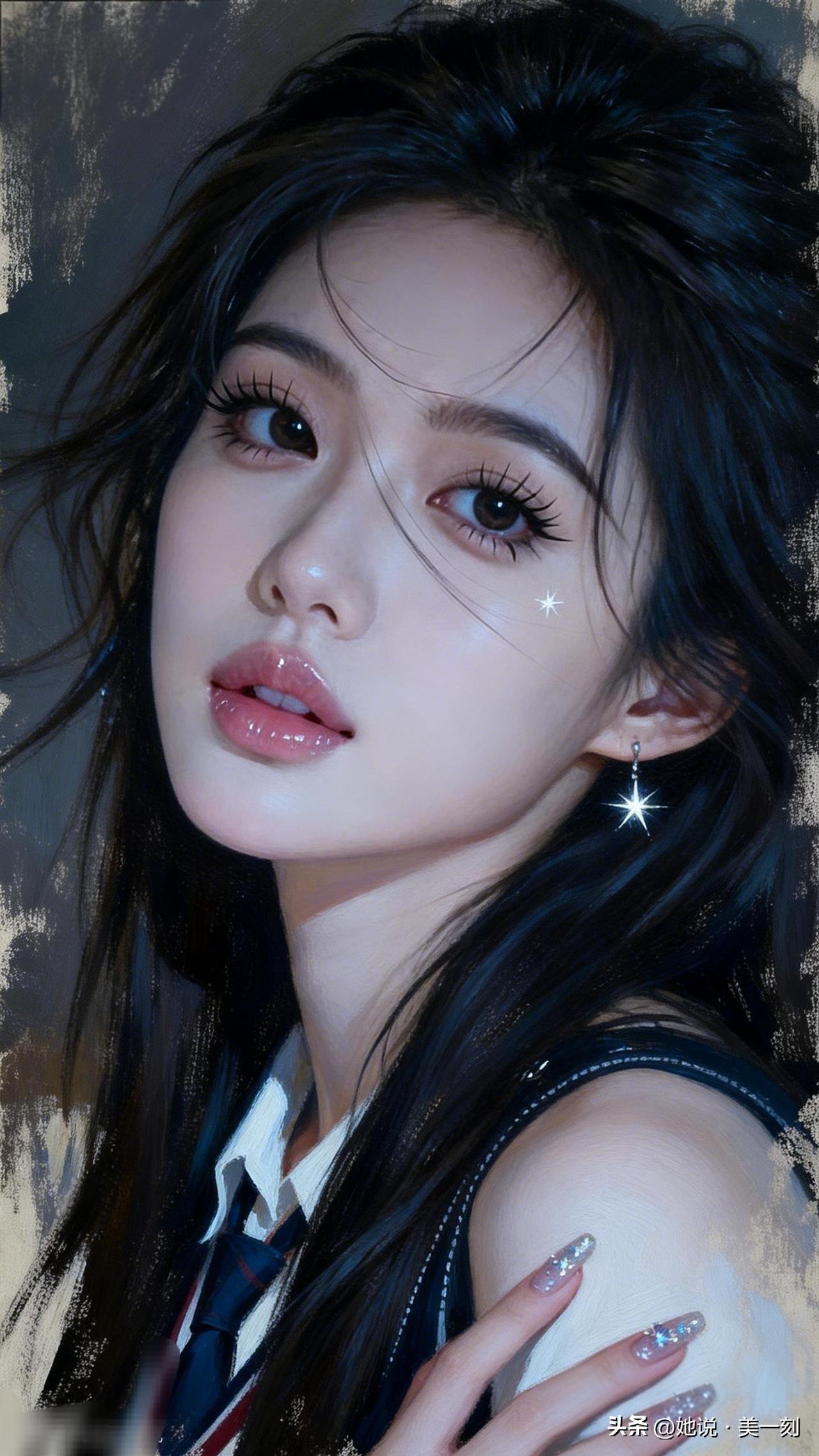 梦幻少女风，黑发红唇，星形耳环，甜美可爱！💖✨
