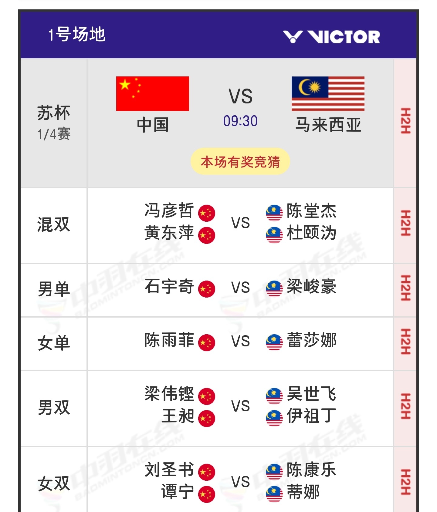苏杯中国VS马来西亚阵容9点30分：中国🇨🇳 vs 🇲🇾马来西亚 混双：