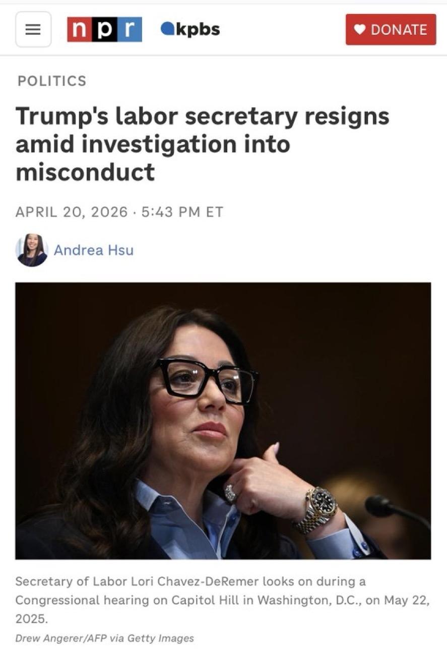 美国劳动部长被揭露与手下有外遇、工作期间喝酒、用公款探亲访友后，主动提出辞职，还