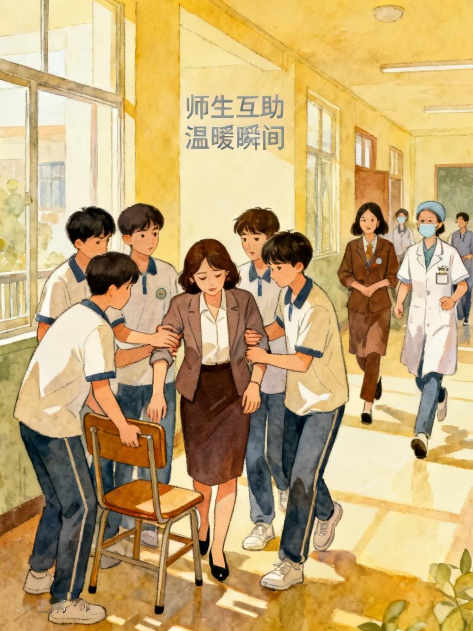 一高二学生们，上午主动上前 搀扶因患低血糖，走路东倒西歪就要倒的女英语老师。有的