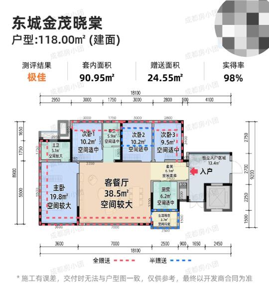 不算光厅98％得房率，看金茂晓棠户型优缺点