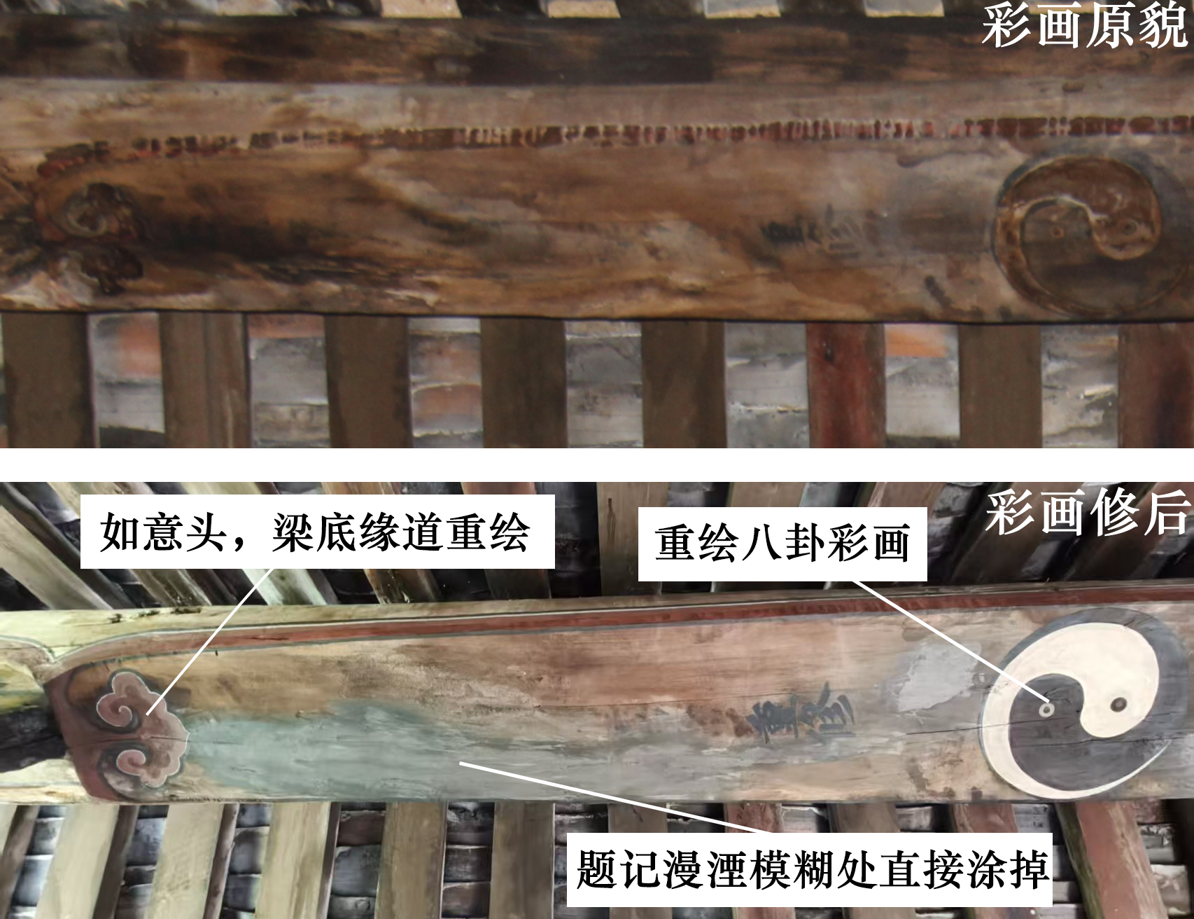 世界文化遗产老司城玉皇阁的明代彩画在今年被重绘之后的图片，目前已无任何挽回的可能