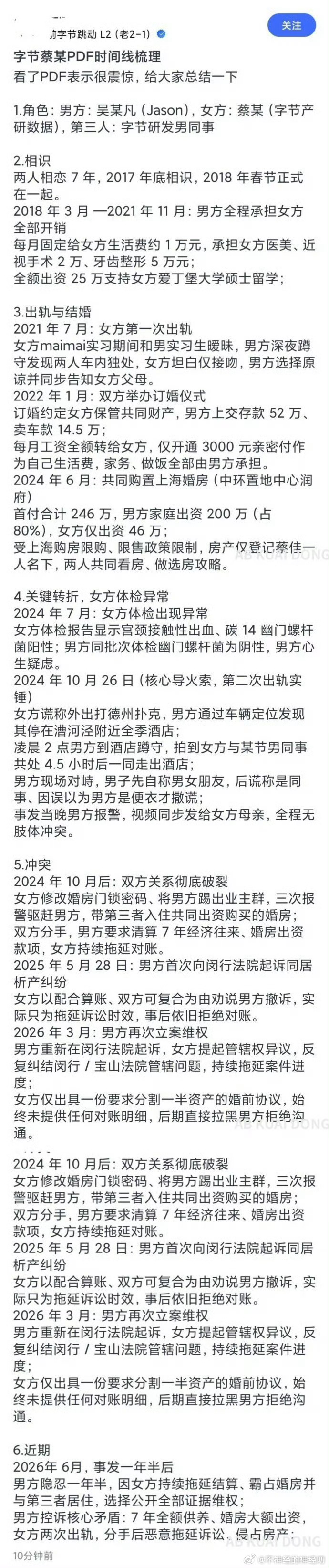 阅读理解：请大家阅读字节跳动这个出轨PDF全文，找出该男子从头到尾有哪些处置不当
