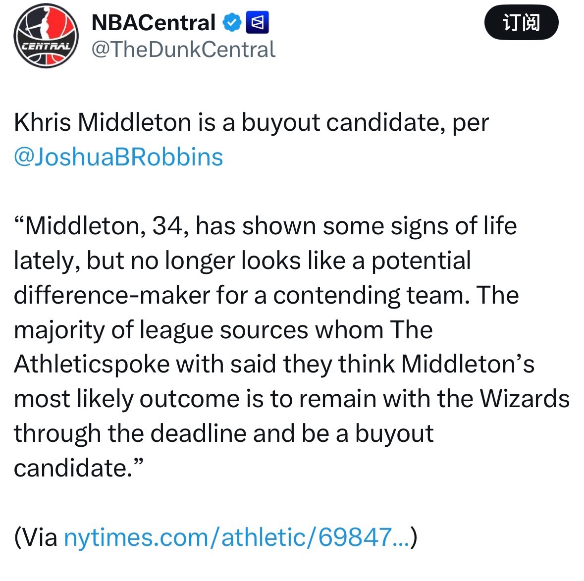 The Athletic：34岁的米德尔顿近期状态略有回暖，但已不再具备争冠球队