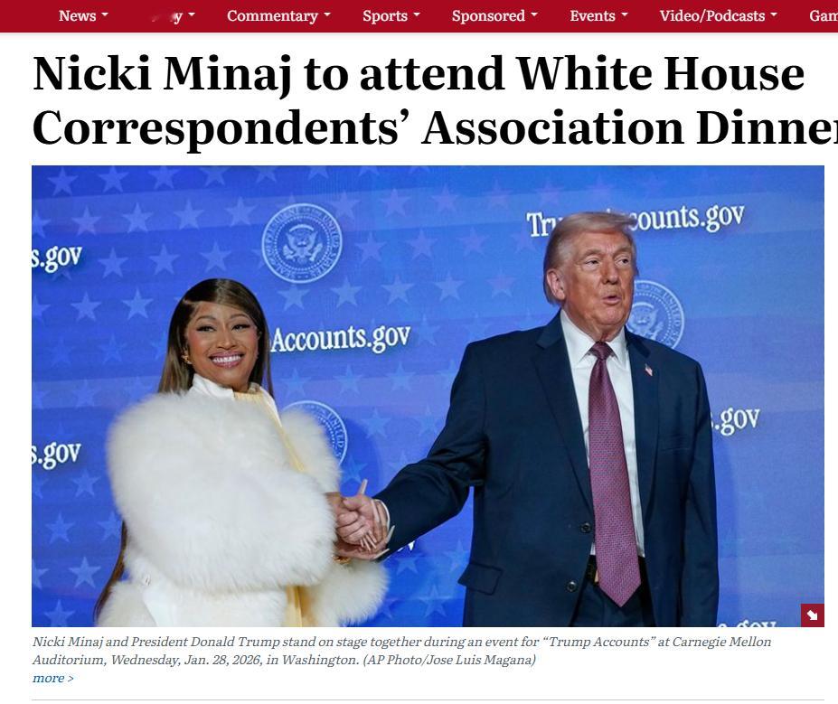 据报道，麻辣鸡 Nicki Minaj 受邀将于本周末出席白宫记者晚宴 