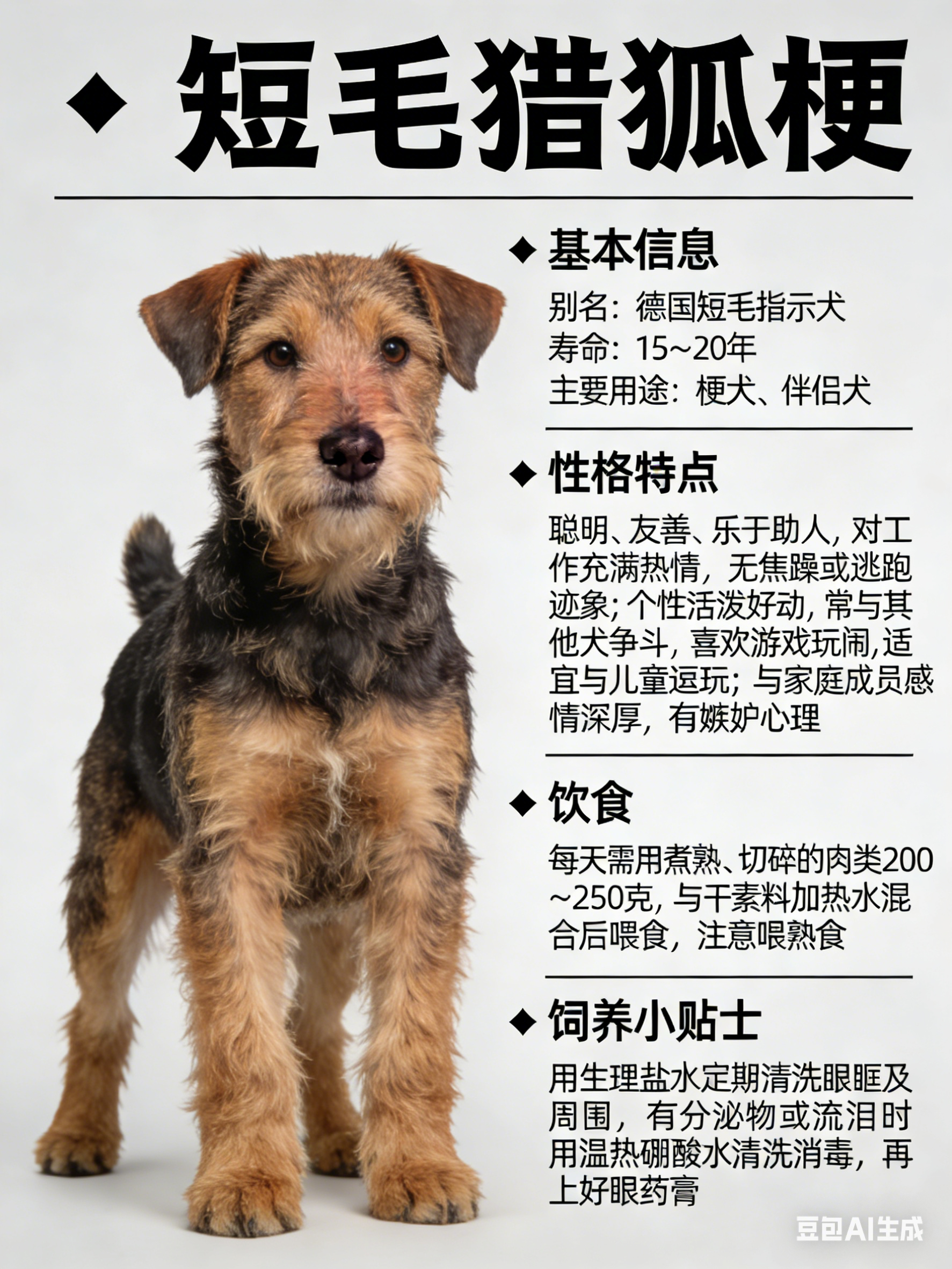 我AI的动物 短毛猎狐梗别名：德国短毛指示犬寿命：15～20年主要用途：梗犬、伴
