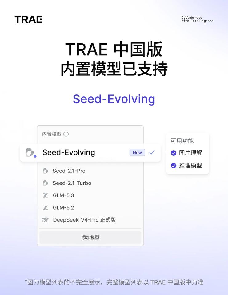 TRAE 中国版内置模型支持 Seed-Evolving
🌟 Doubao-S