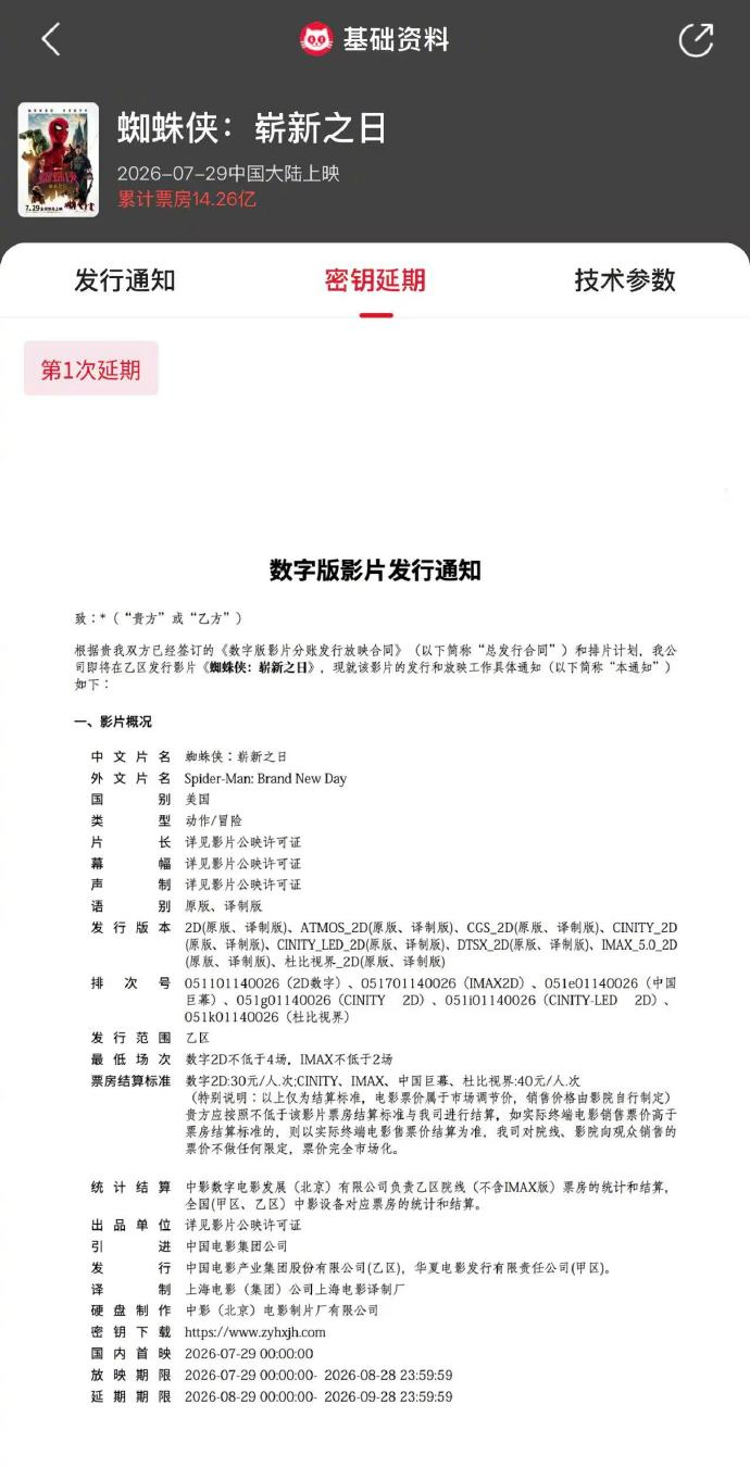 蜘蛛侠崭新之日延长上映《蜘蛛侠：崭新之日》中国内地密钥延期，延长上映至9月28日