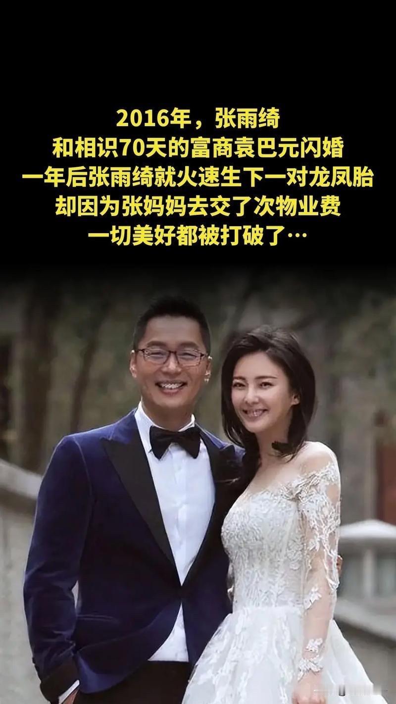 2016年，张雨绮和相识70天的富商袁巴元闪婚，不久后就火速生下了一对龙凤胎。没