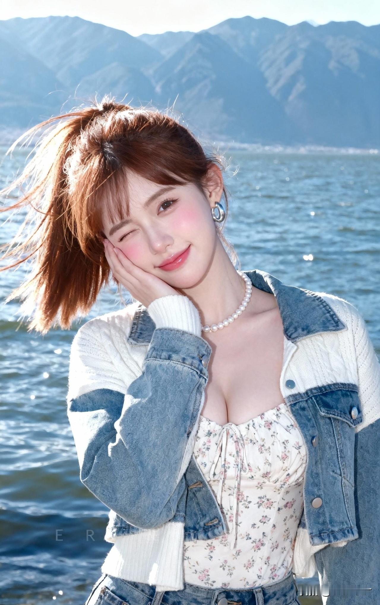 湖畔少女，微风轻拂，甜美微笑，自然清新