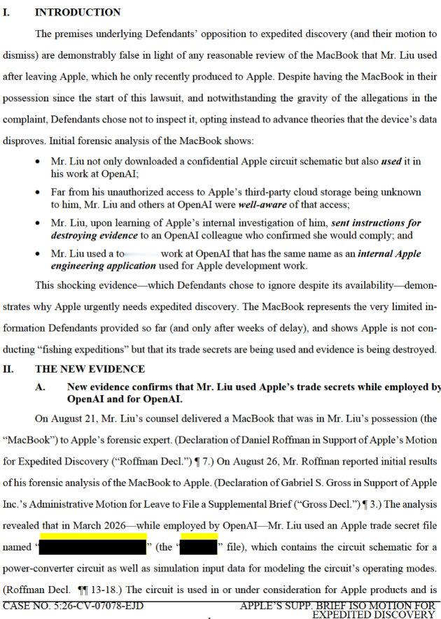 【苹果披露惊人证据】苹果前员工将机密文件带至OpenAI 根据苹果当地时间 8 