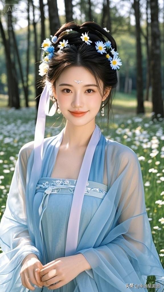 “森林中的仙子，蓝衣飘飘，花环点缀，宛如画中人”🌿💐👗👸🏻