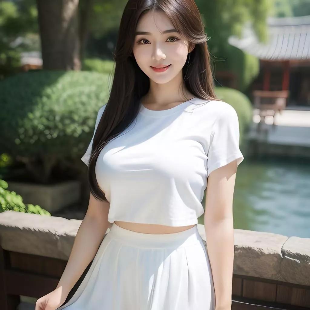 元气少女清新穿搭，白色T恤+高腰短裙，轻松自然。