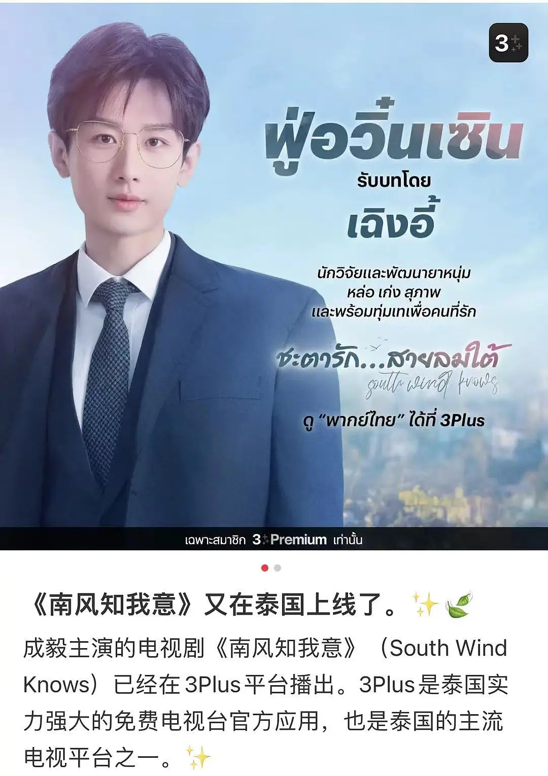 成毅主演《南风知我意》泰国上线 3Plus播出 泰国主流电视平台 请多多刷脸当时