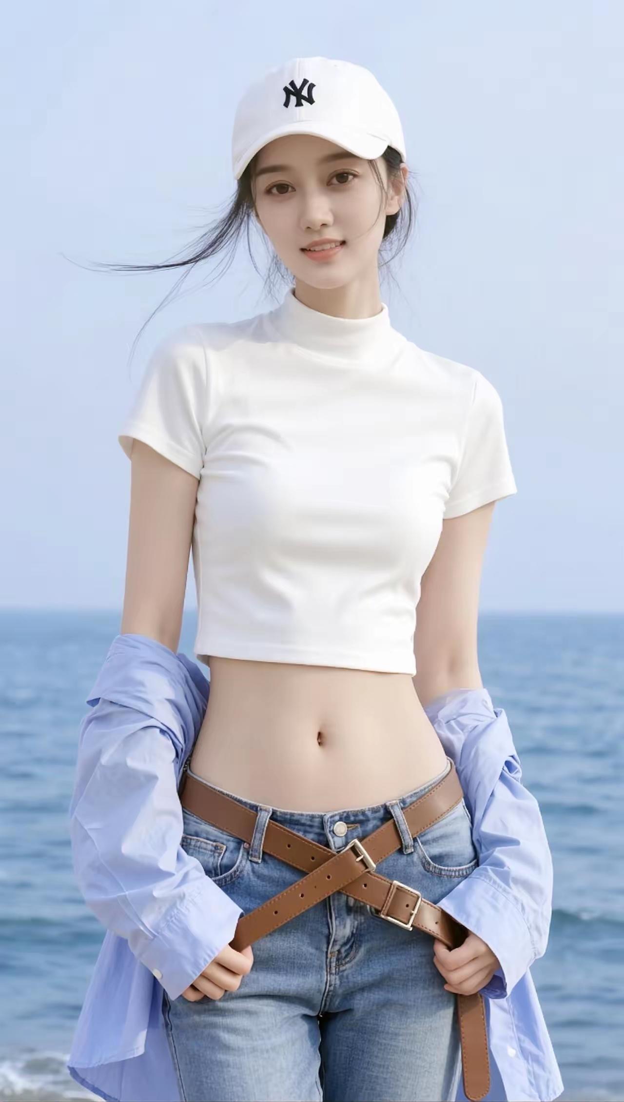 夏日清新穿搭，白色短款上衣+牛仔裤，搭配棒球帽，轻松自在的海边风！🌊👒👗