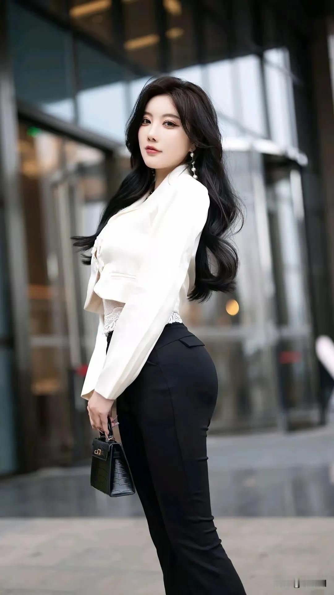 女神晨晨，黑色紧身裤，白衬衫，波浪长发，时尚女装