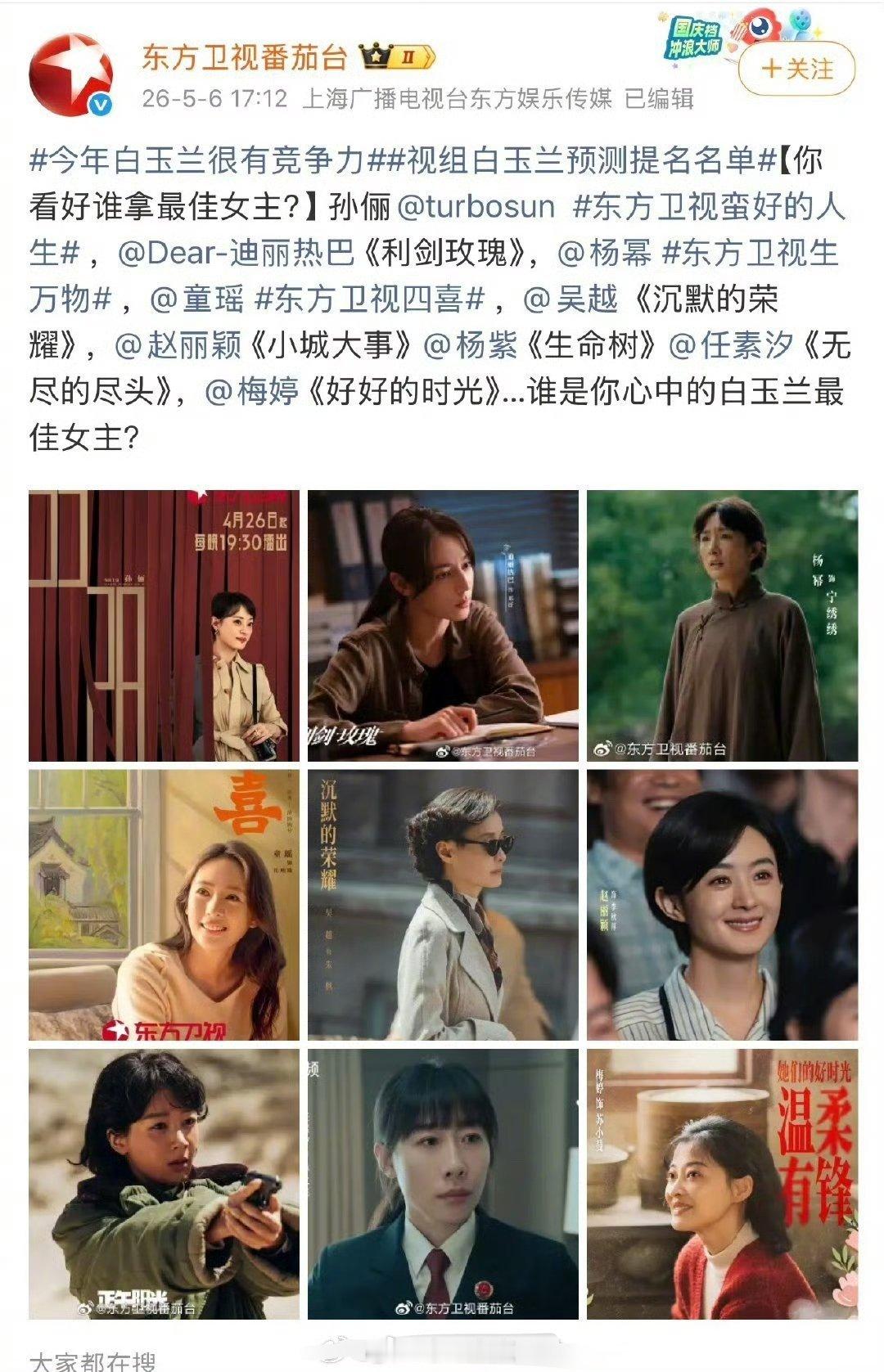东方卫视发的白玉兰预测，范围缩减到9选5:孙俪、迪丽热巴、杨幂、童瑶、吴越、赵丽