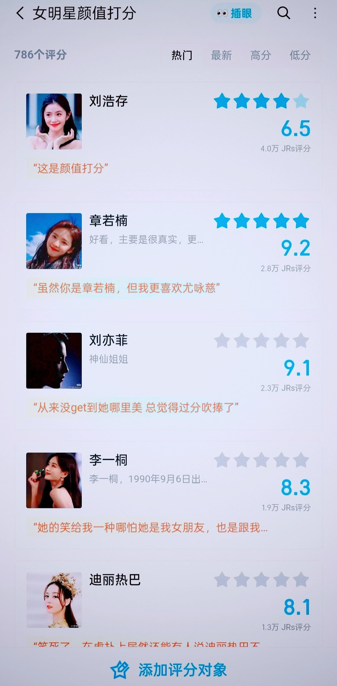 为啥章若楠的颜值评分比刘亦菲以及迪丽热巴还高？挺好奇的！ 