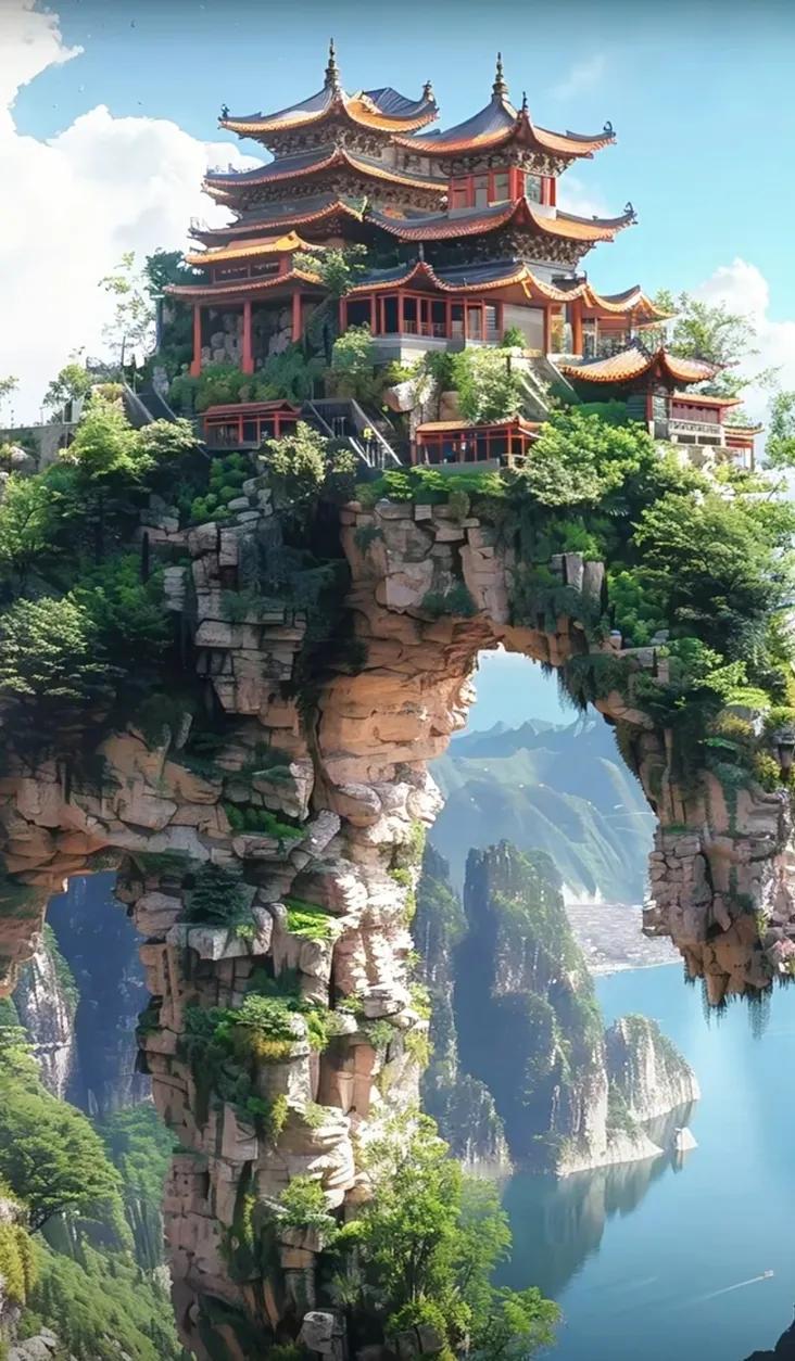 云雾缭绕中，屹立千年的佛像守护着山川河流。奇景如画。 一切美景皆幻像